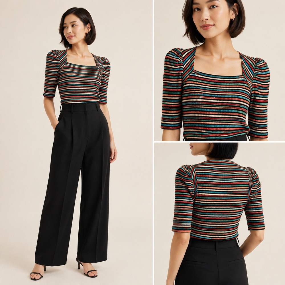 Derek Lam 10 Crosby Jade Metallic Stripe Ribbed Puff Sleeve Square Neck Top S